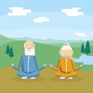 cartoon of old couple meditating outdoors