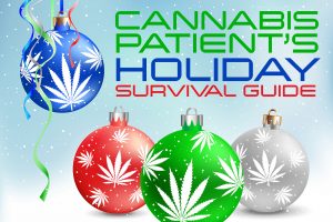words "cannabis patient's holiday survival guide" with ornaments with cannabis leaves on them