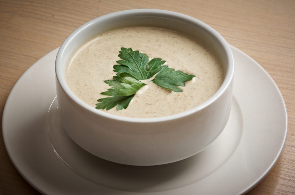 bowl of creamed lions mane mushroom bisque