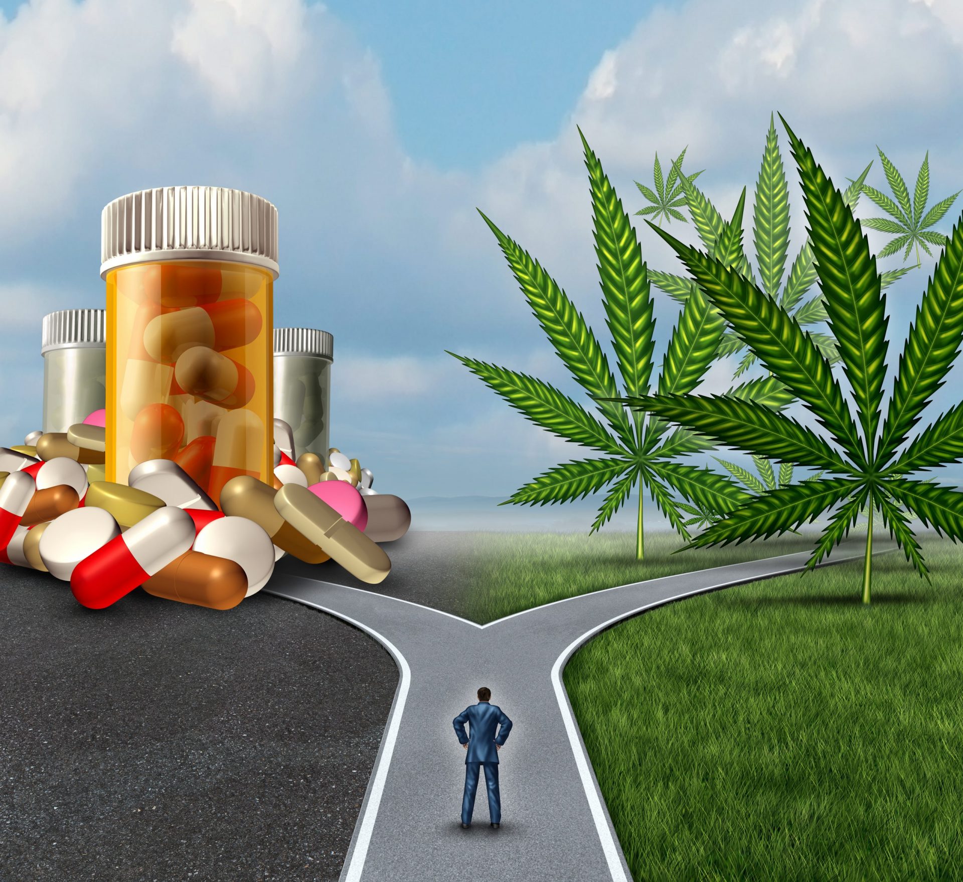 man standing at crossroad of pharmaceuticals or cannabis - health and wellness paradigm shift