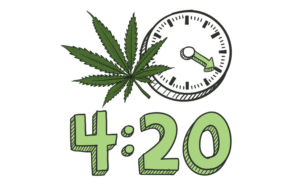 the origin of 420: illustration of clock showing 4:20 with 4:20 written out and a cannabis leaf