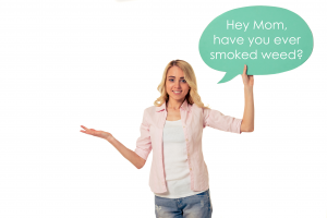 teen with thought bubble asking mom is she smoked weed