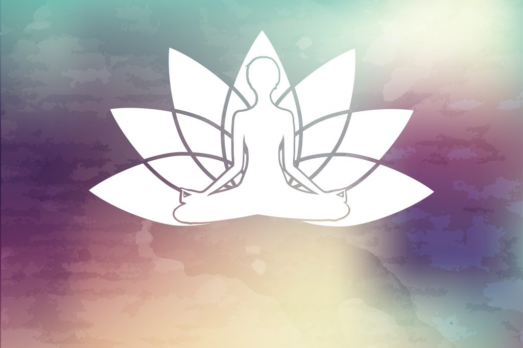 white lotus flower illustration with yoga figure on multi-colored water color background