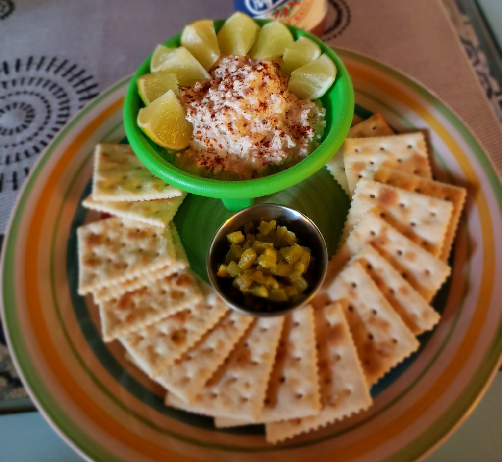 smoked fish dip with crackers and relish